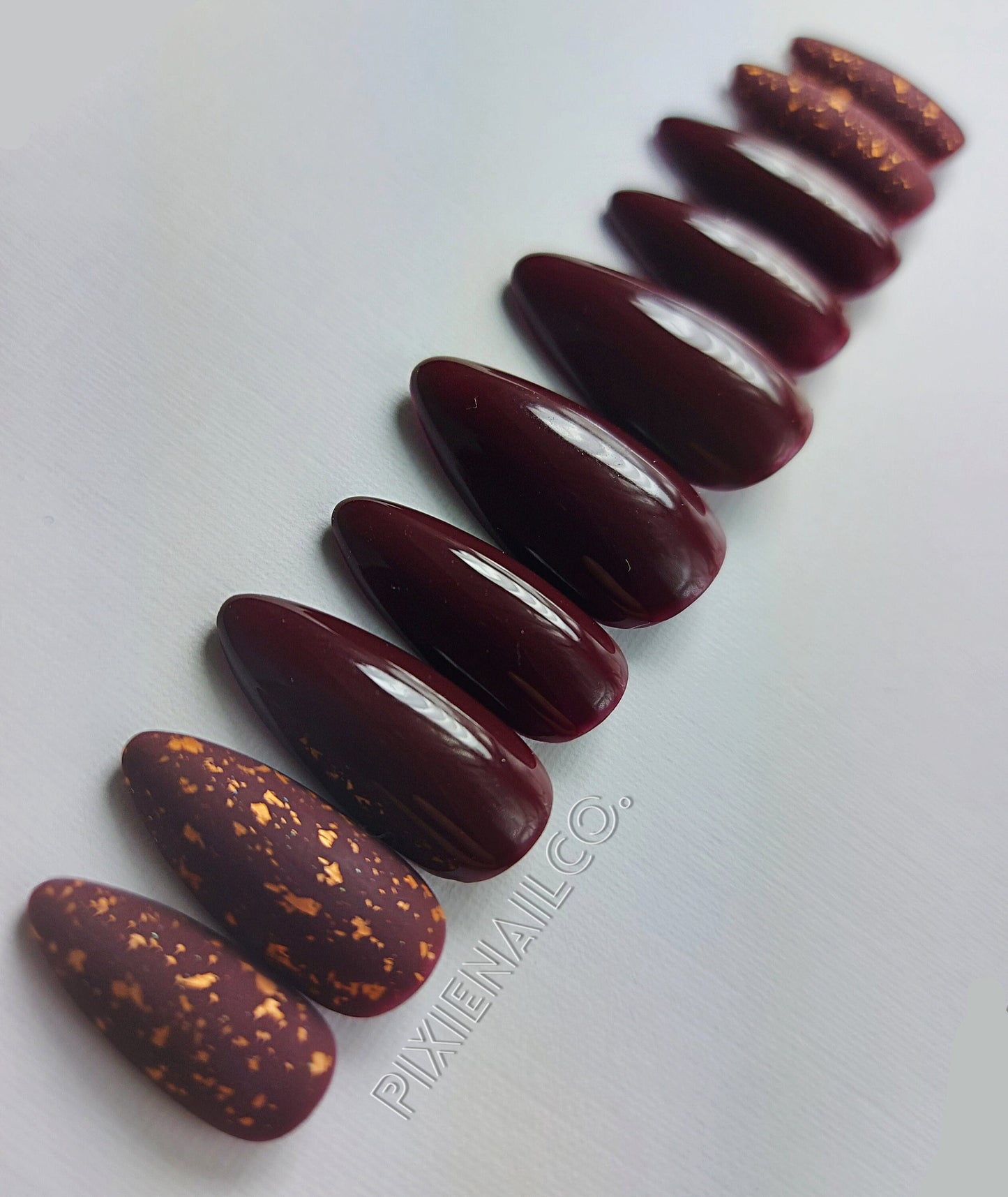 Ready to Ship Deep Red Burgundy with Matte Copper Flake Chrome Accent Hard Gel Press On Nails Reusable Temporary Extensions RTS