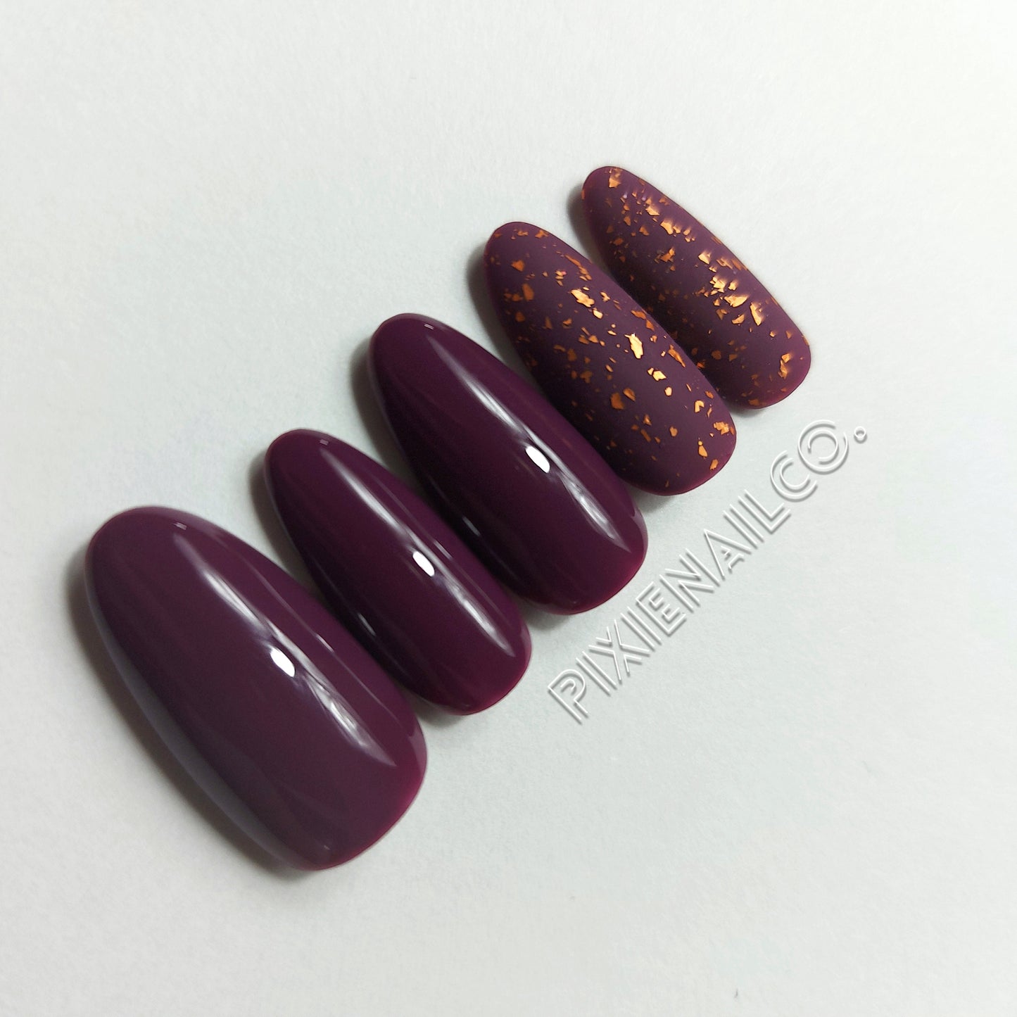 Ready to Ship Deep Red Burgundy with Matte Copper Flake Chrome Accent Hard Gel Press On Nails Reusable Temporary Extensions RTS